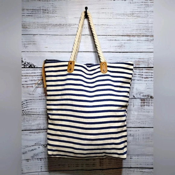 Summer Rose Striped Nautical Beach Tote with Rope Handles XL Size - Picture 2 of 7